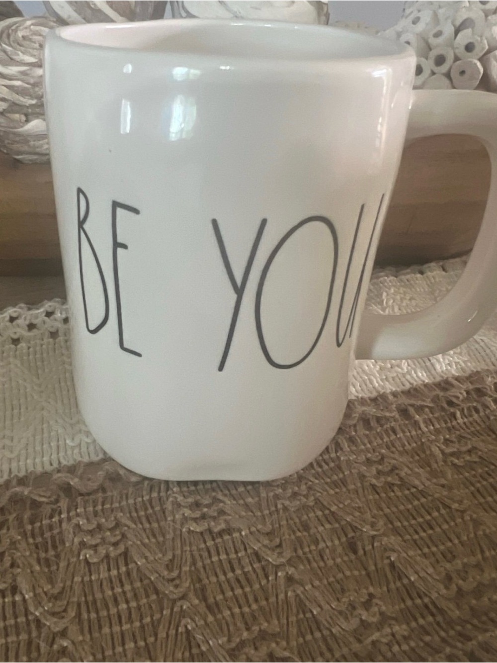 Rae Dunn White Ceramic Mug with 'BE YOU' Black Lettering